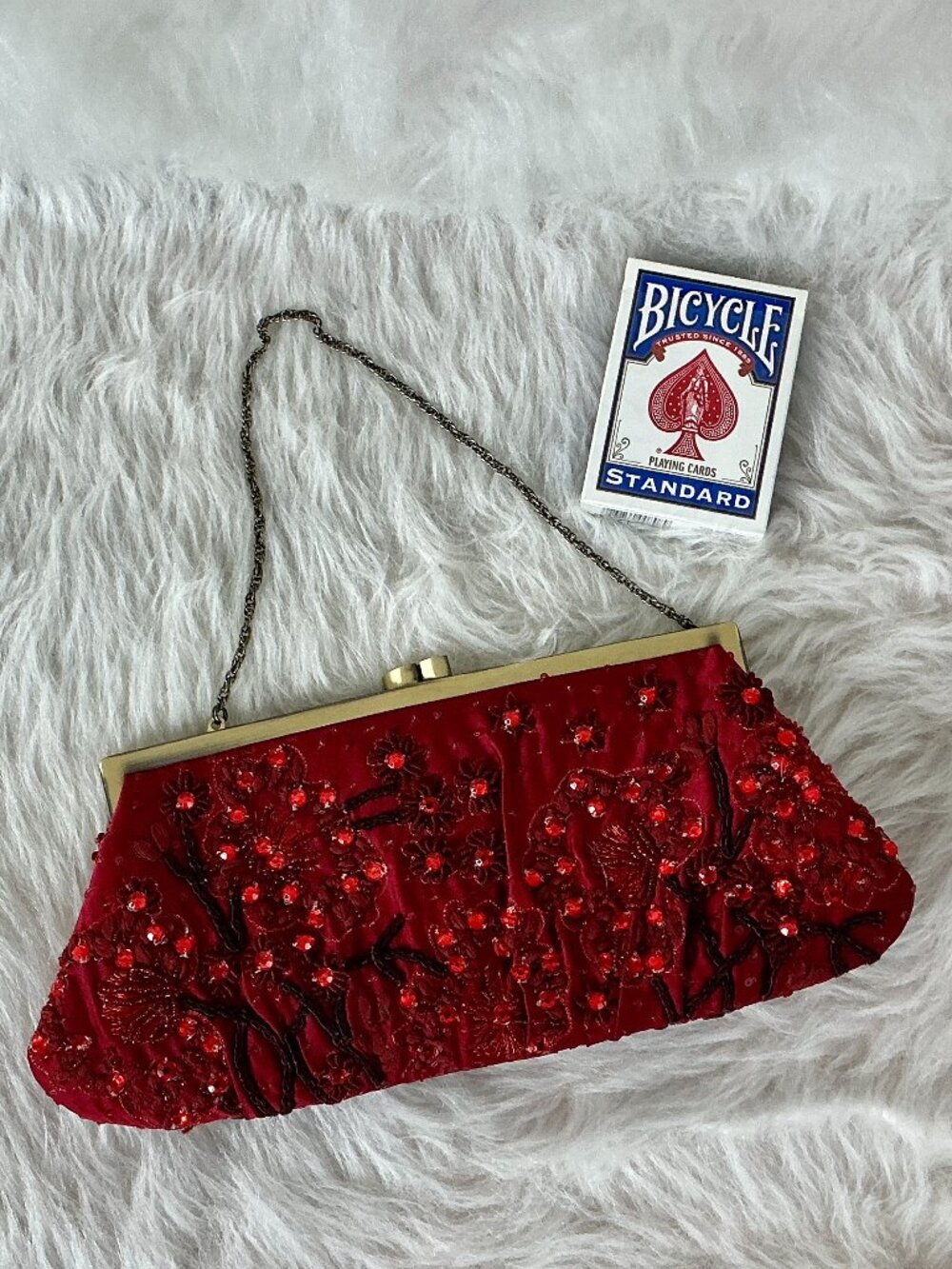 Santi Red Beaded Rhinestone Embroidered Floral Gold Tone Chain Clutch Bag